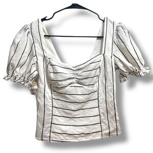 E.ssue White & Black Striped Puff Sleeve Square Neck Ruched Front Blouse Small